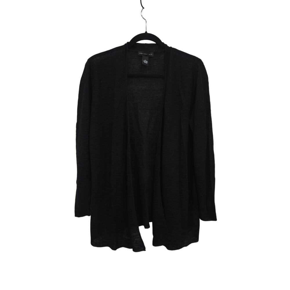 Joan Voss Black Ribbed Knit Open Front Cardigan Sweater Lightweight Size XL